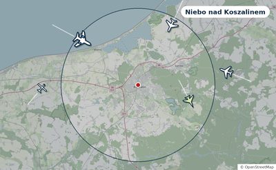 Mapa okolic miasta z sylwetkami samolotów — Niebo nad Koszalinem